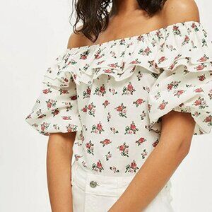 TOPSHOP Floral Linen Crop Top, Ruffled Puff Sleeve US4. Coquette Milkmaid Boho